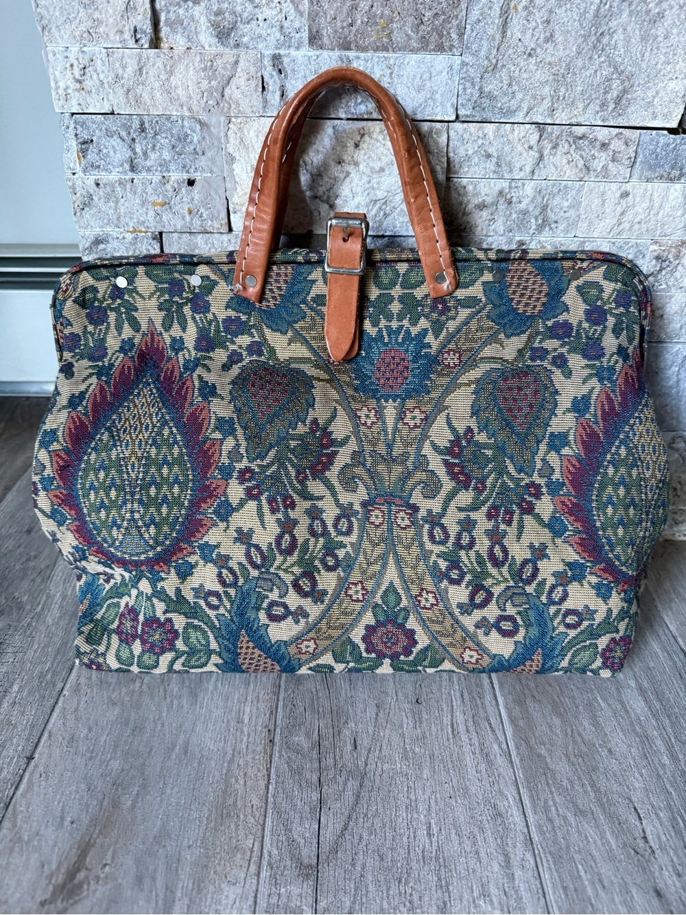 Vintage Tapestry Floral Doctor Bag with Leather Handles